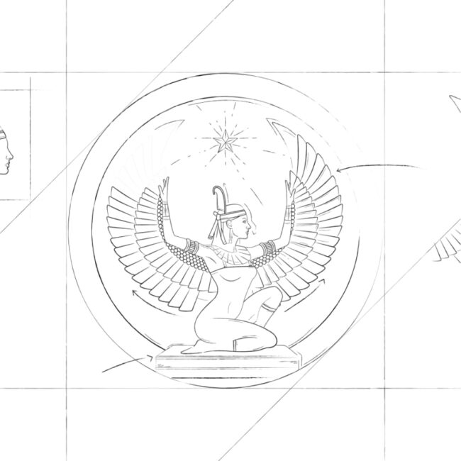 A detailed sketch of a coin concept.